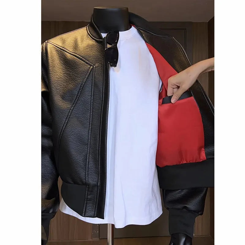 Men's extended length black PU leather jacket with litchi texture finish and business styling