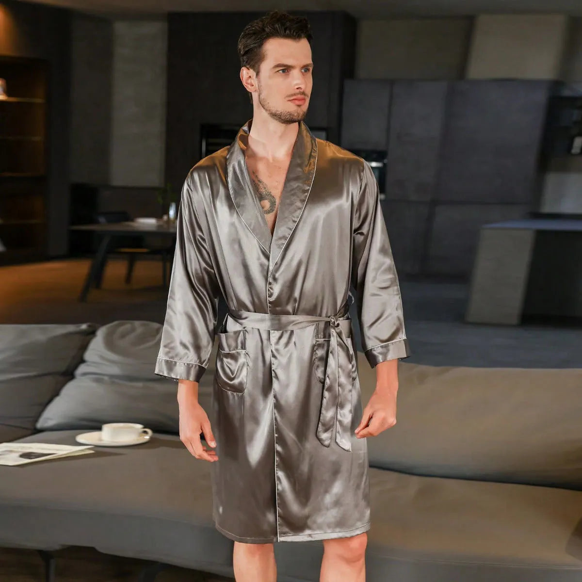 Men's summer silk bathrobe nightgown in multiple colour options with continental sizing