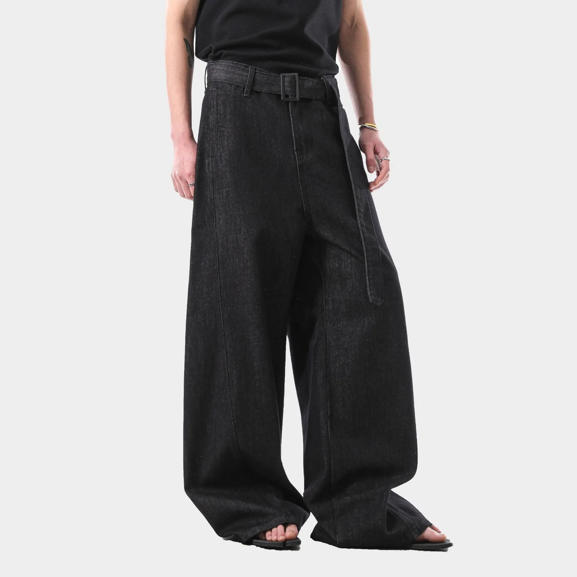 Black gold high-waist straight-leg jeans with zip fly on mannequin