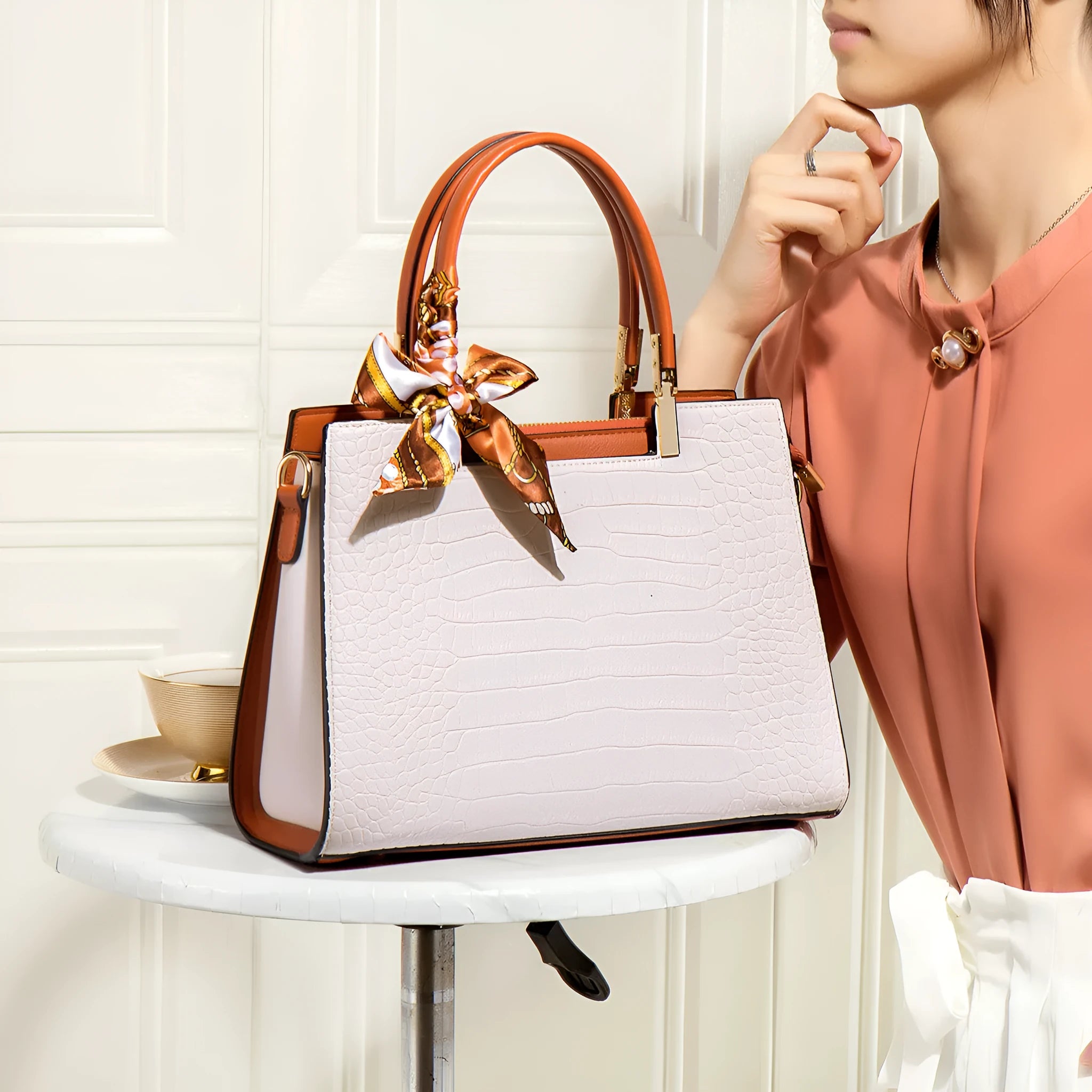 Women's Milky White PU shoulder handbag with horizontal square shape and multiple internal pockets