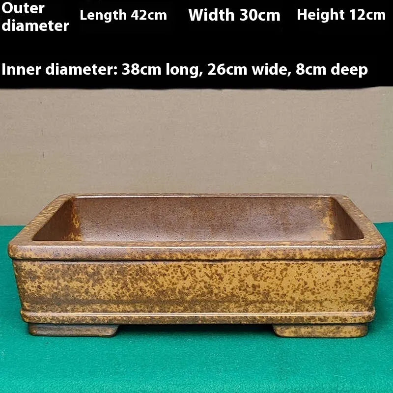 Straight shallow rectangular Yixing Fine Zisha flowerpot in purple sand clay for corridor plant display.