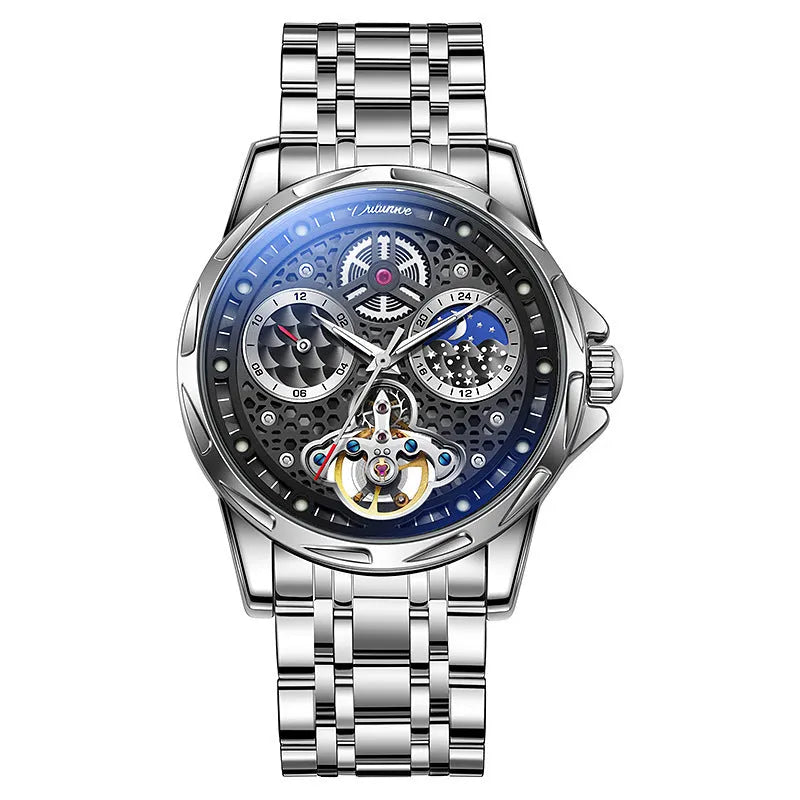 Men's automatic watch with luminous hands in steel case with leather strap option