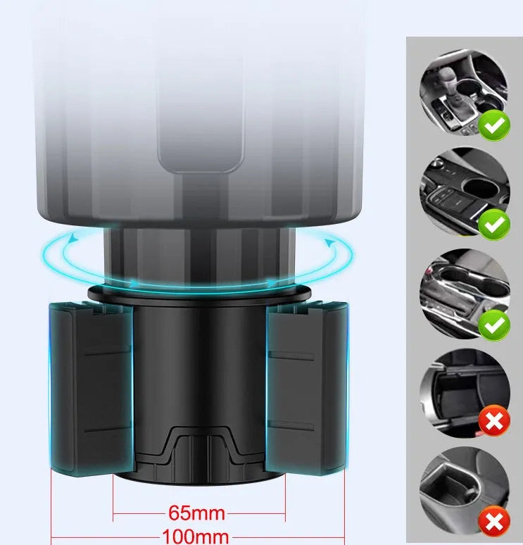Matte black car cup holder expander with adjustable base for large bottles and travel mugs.