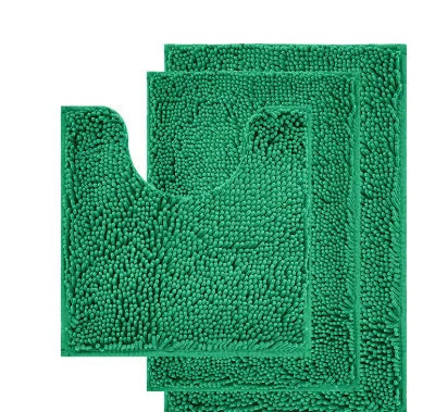 Chenille three-piece toilet mat set with U-shaped toilet seat cover in green colour options