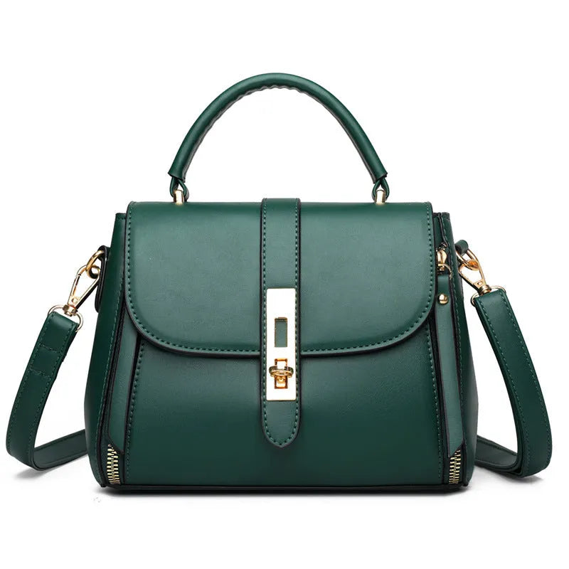 Soft PU leather women's messenger shoulder bag in square vertical shape, shown in one of four colours.