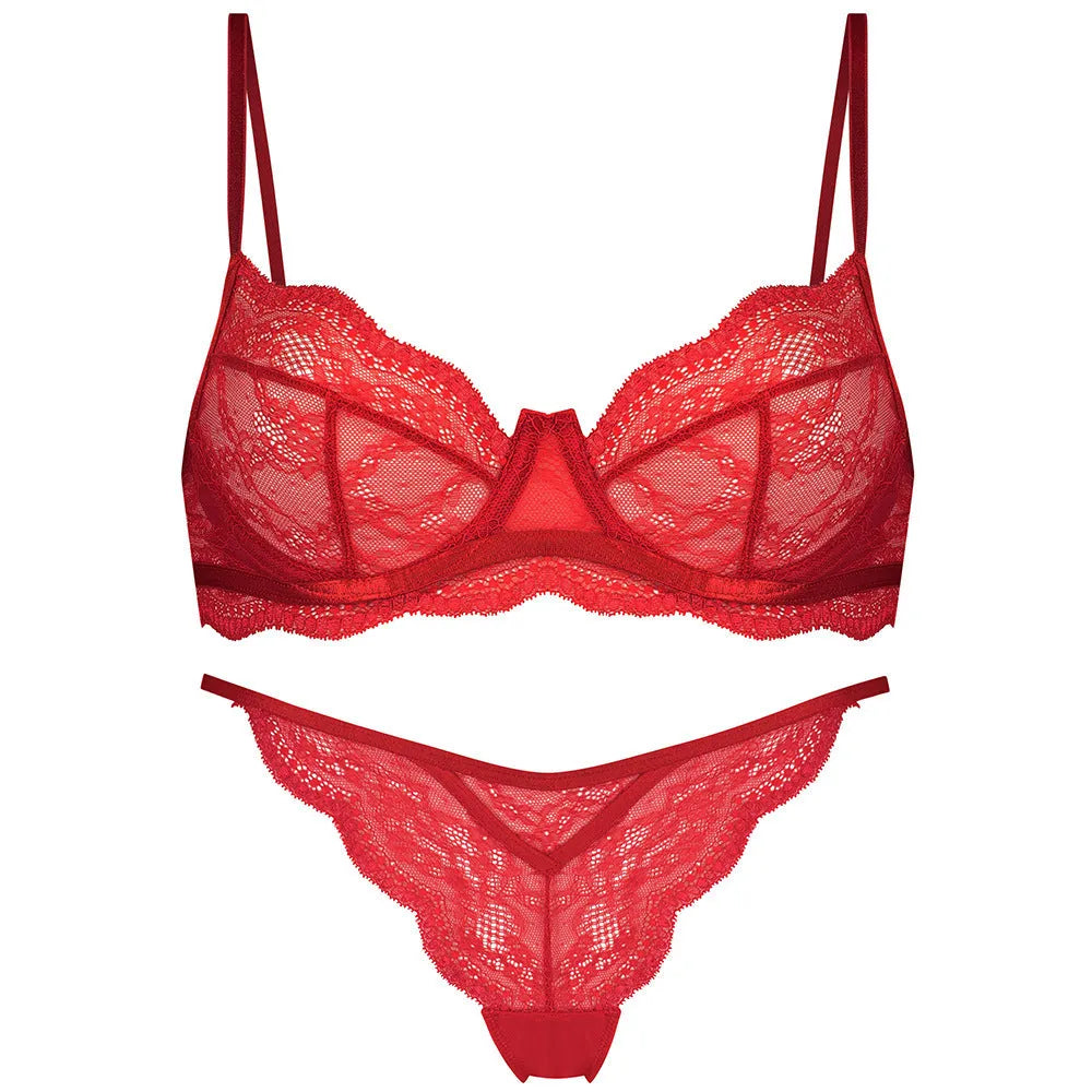 Women's black French bra and bikini set with fixed double-shoulder straps