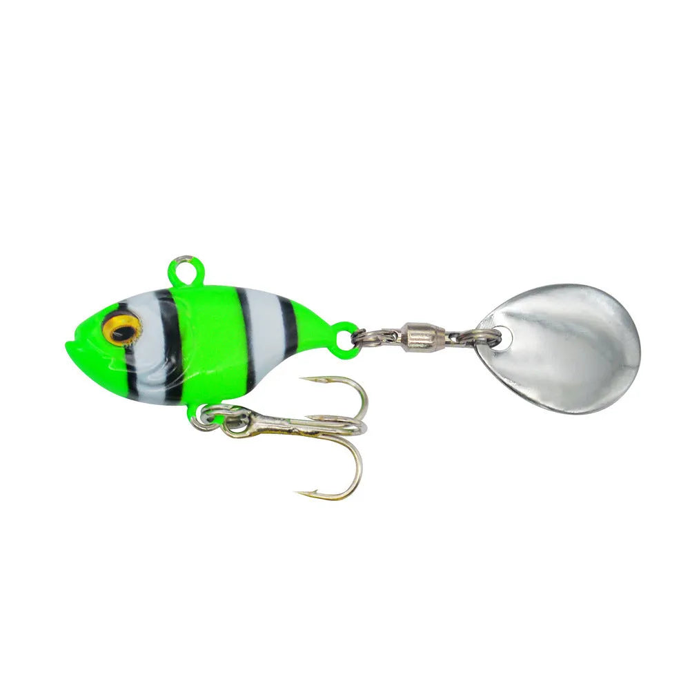 Metal sea fishing lure with rotating sequins shown in multiple colour options including zebra orange and gold.