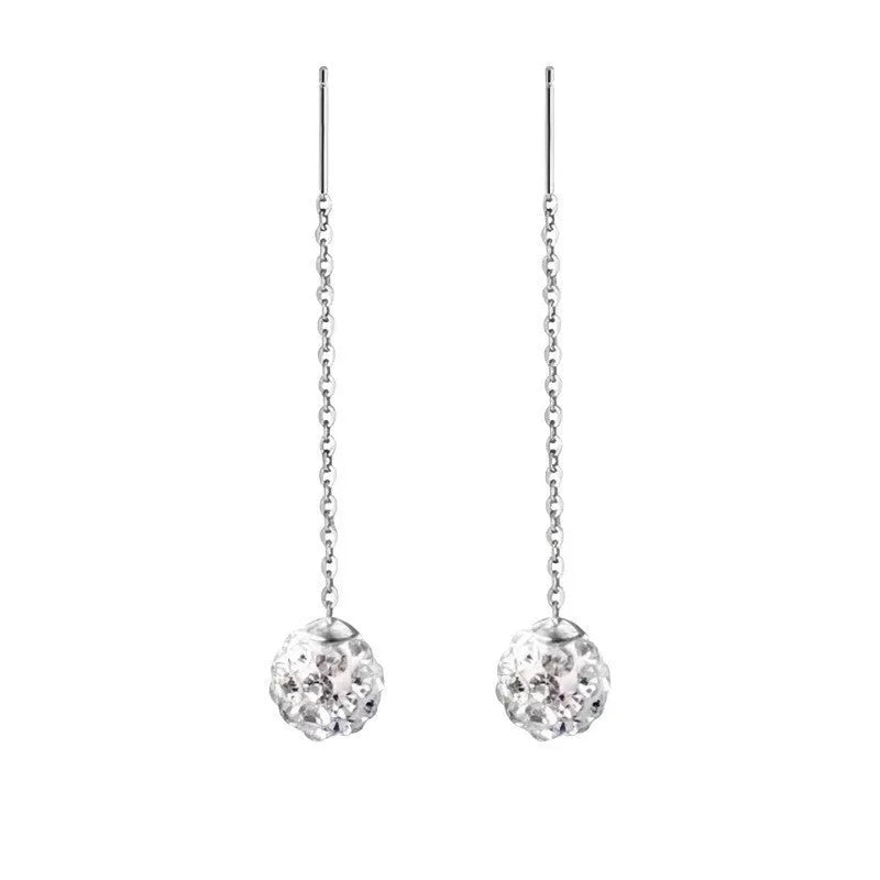 Sterling silver threaded charm earrings showing twelve design variations including pearls, zircon, clay balls, and geometric shapes