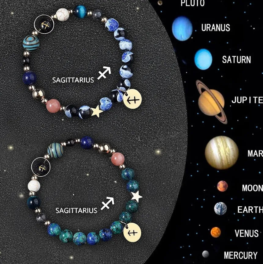 Set of two natural stone beaded zodiac bracelets on a stretch elastic cord.