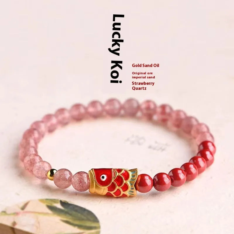 Purple cinnabar and strawberry quartz lucky bead bracelet with peach blossom charm on adjustable cord
