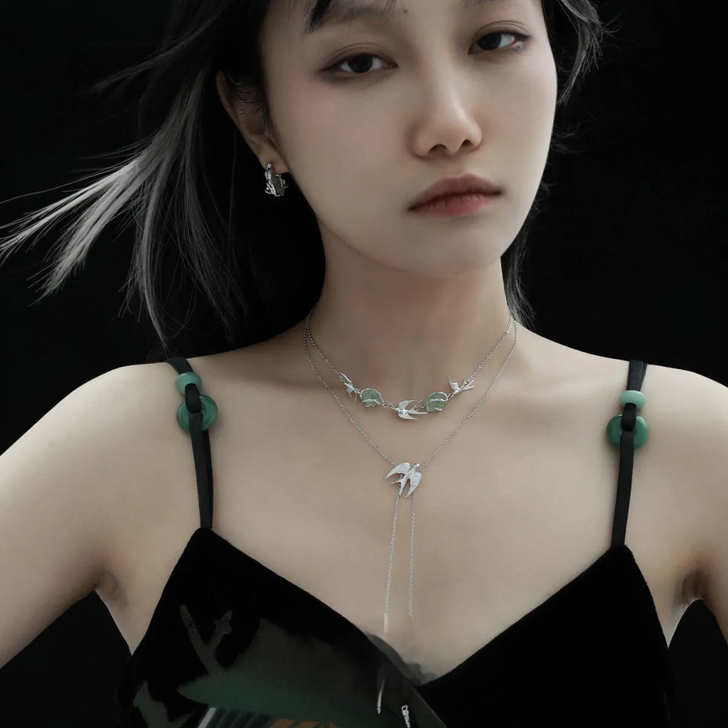 Flying bird fluorite pendant necklace in 925 silver with white gold finish on adjustable chain