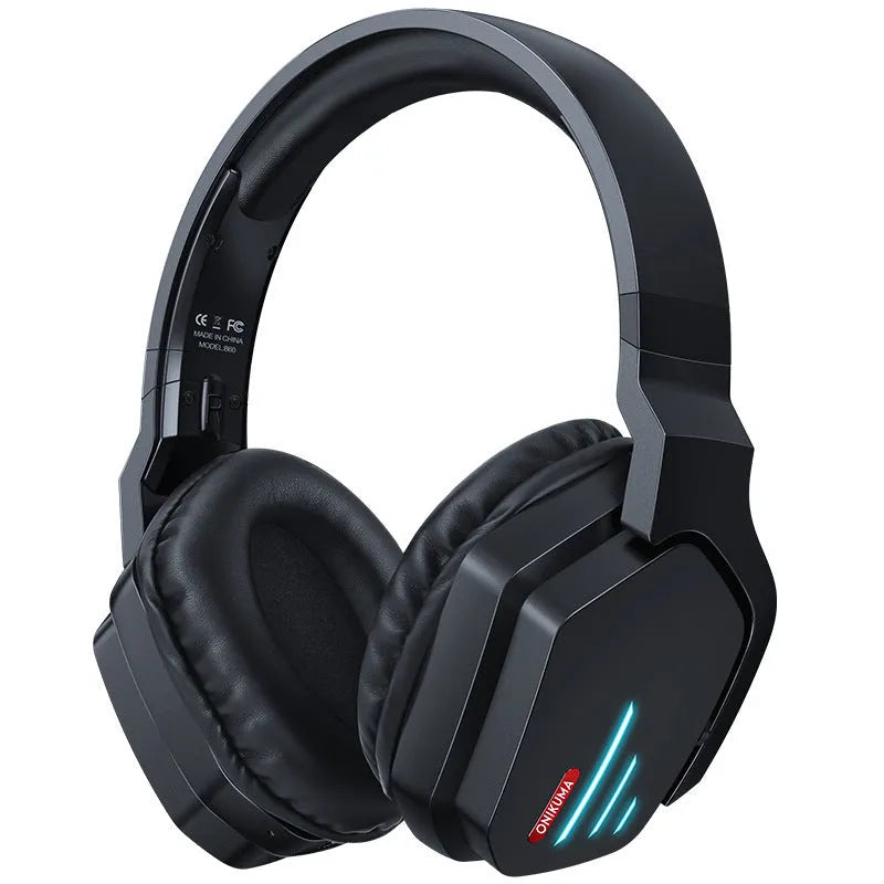 Luminous black wireless over-ear headphones with a headband, shown with a 3.5mm audio cable.
