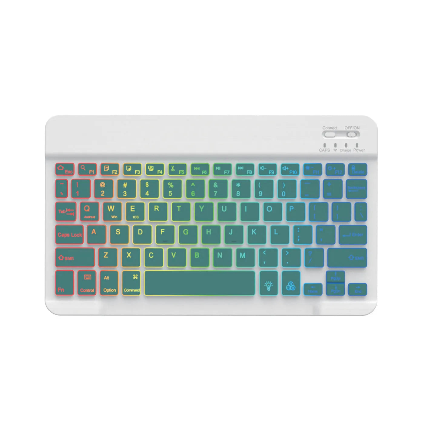 10-inch black Bluetooth keyboard with colourful blue backlighting, shown with a charging cable.