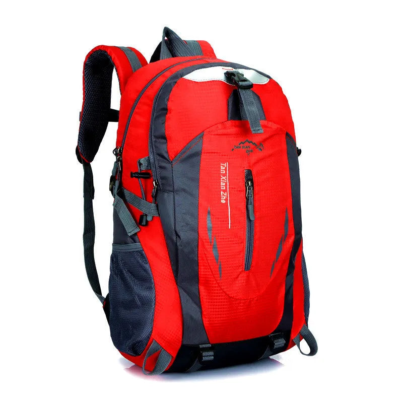 Large green Oxford cloth outdoor backpack with double straps, showing laptop compartment and ID holder.