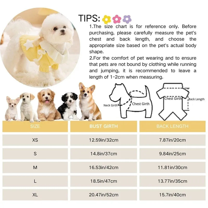 Yellow knitted dog sweater with star pattern and turtleneck on small breed puppy