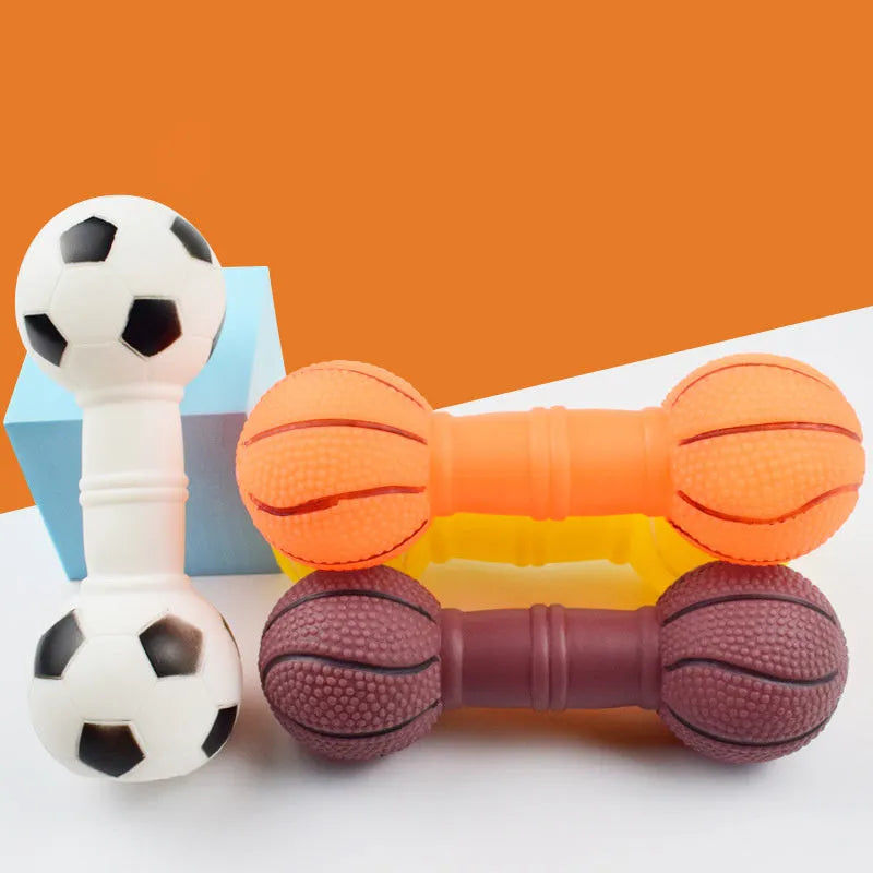 PVC football dumbbell shaped dog toy with squeaker in brown, orange, white and yellow colours