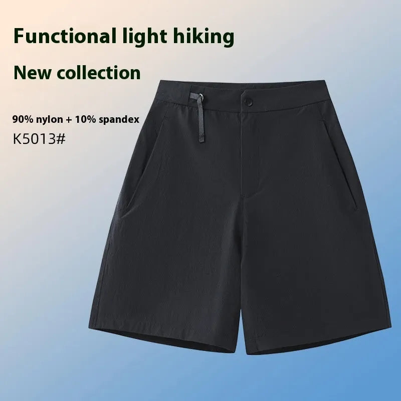 Men's khaki quick-drying sports shorts with 3D elastic cutting on a grey background.