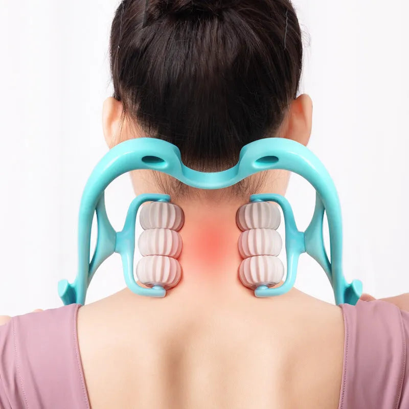 Blue handheld six-wheel massager for neck, shoulders and back muscle tension relief