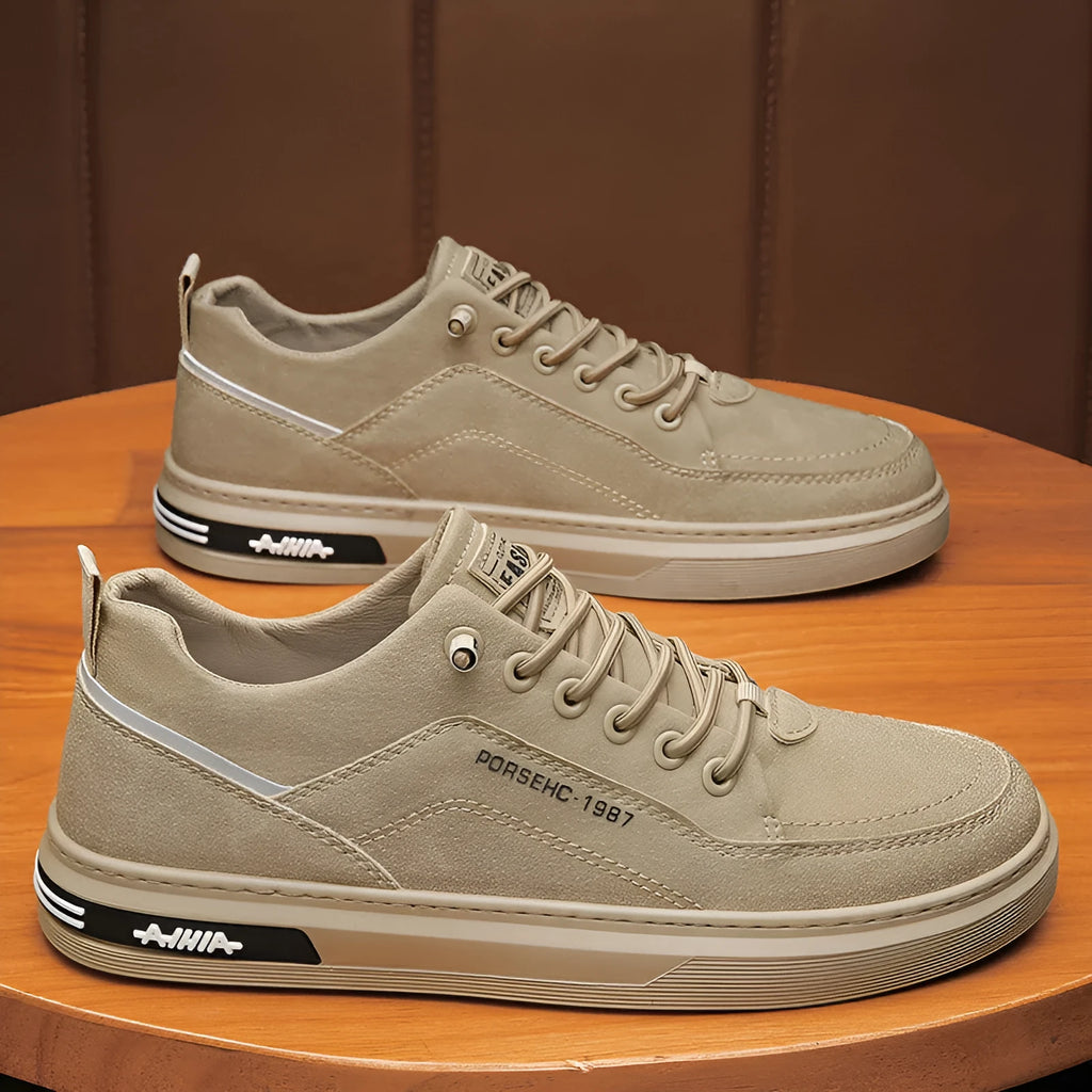 Men's low-top casual shoes in khaki with round toe, rubber sole, and artificial PU upper.