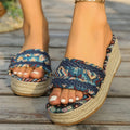 Rope bottom sponge cake slippers for women plus size in navy blue with cloth upper and rubber sole