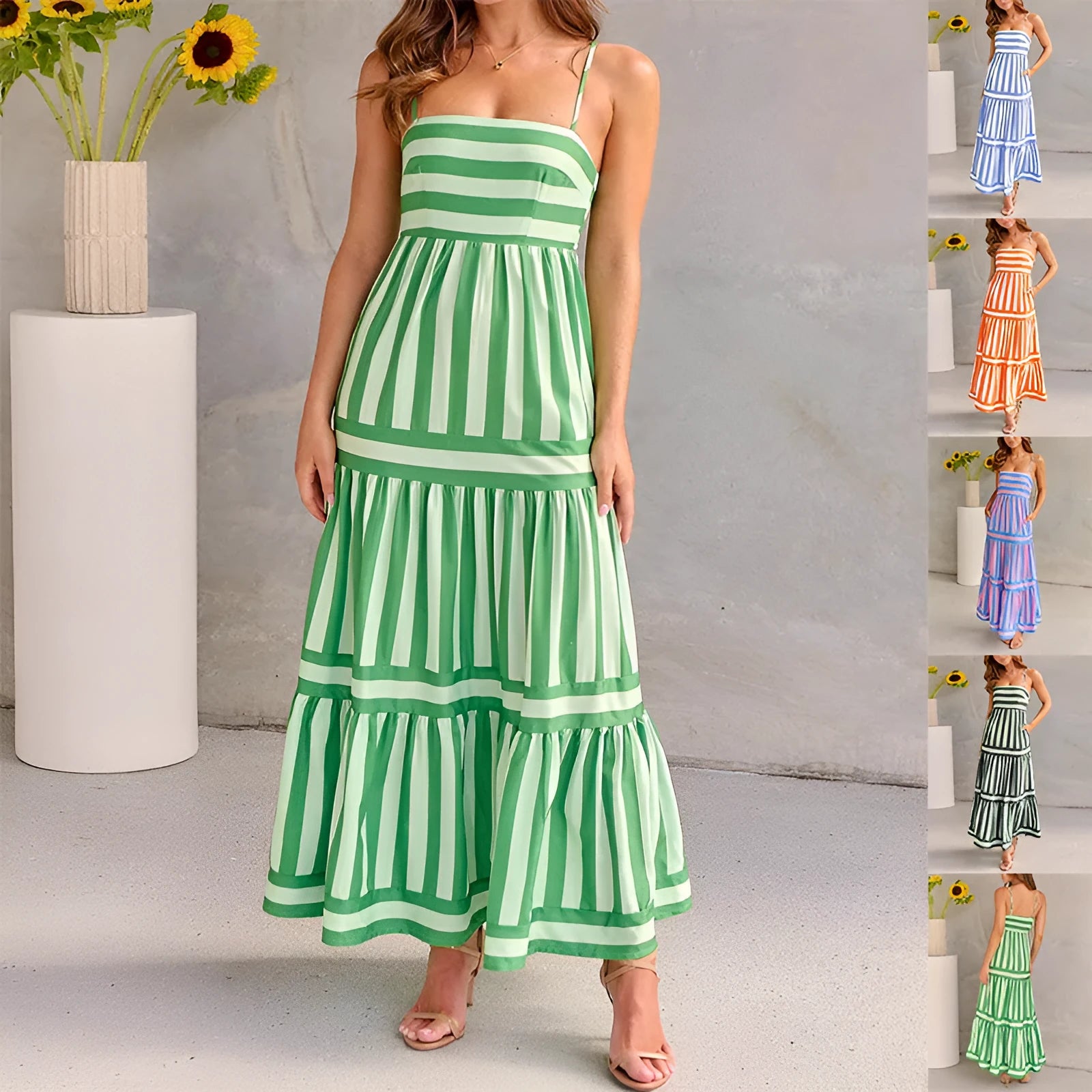 Women's striped backless summer dress with suspender straps and side pockets in polyester spandex fabric