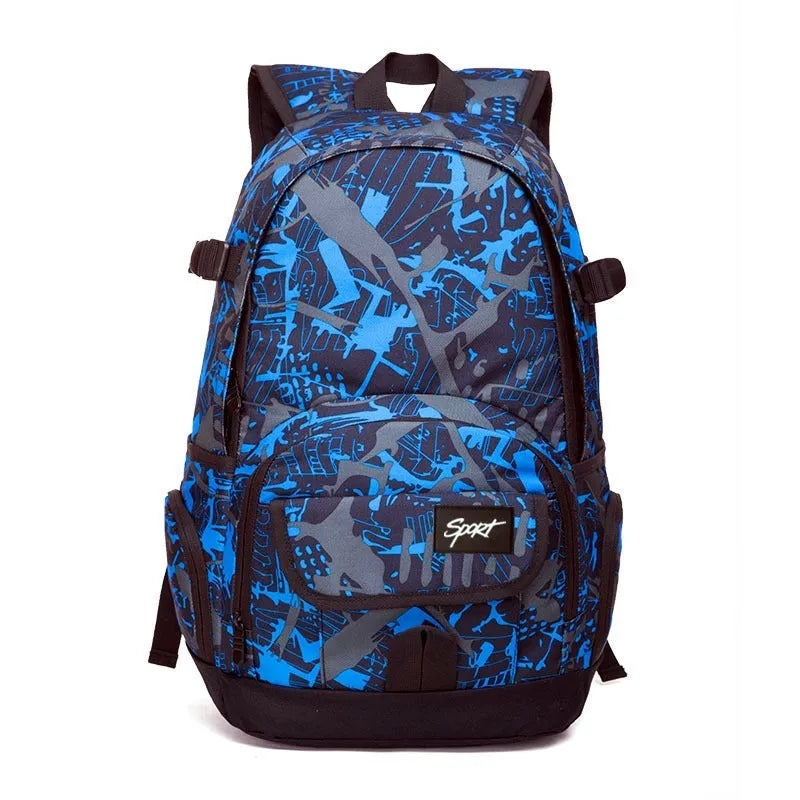 Blue and red large nylon backpack with multiple compartments open, showing internal organisation.