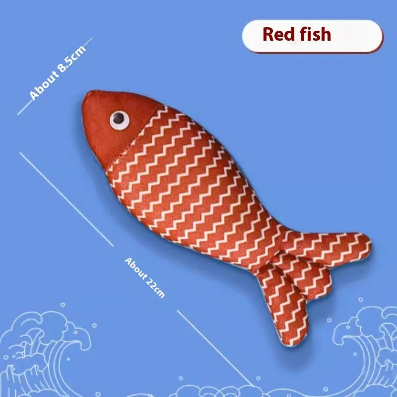 Catnip fish toy in blue, red, or yellow with measured dimensions for feline play