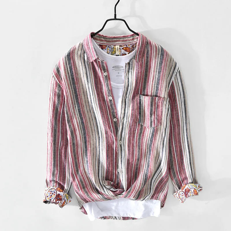 Men's striped linen shirt in loose fit with long sleeves available in red or grey colours