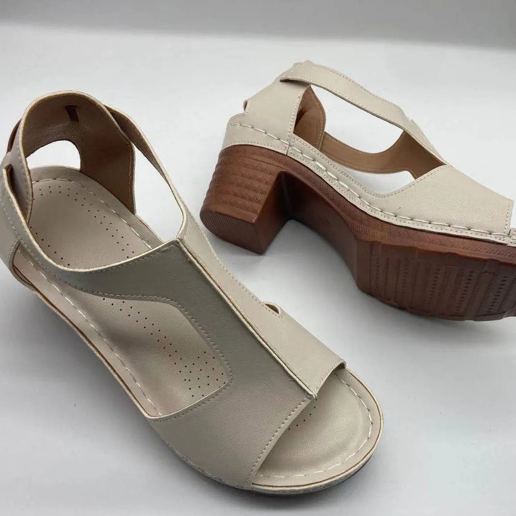 Plus size women's wedge sandals with peep toe, Roman buckle detail, and fish mouth design