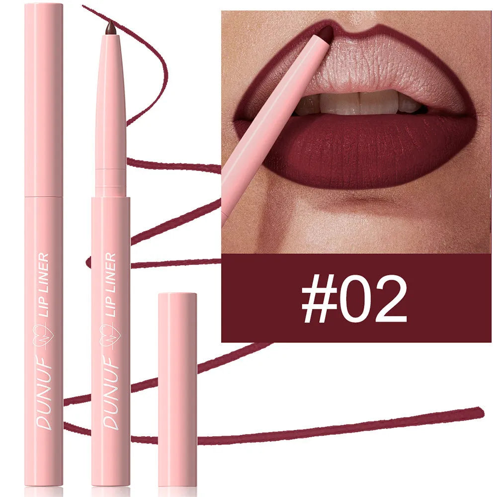 Matte velvet lip liner pencil showing 12 colour shades from nude to plum