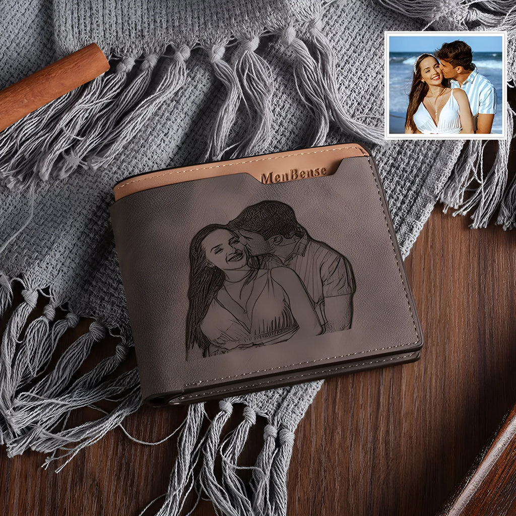 Coffee brown engraved horizontal short wallet with custom text or photo personalisation.