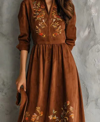 Brown vintage floral embroidered suede-look midi dress on mannequin