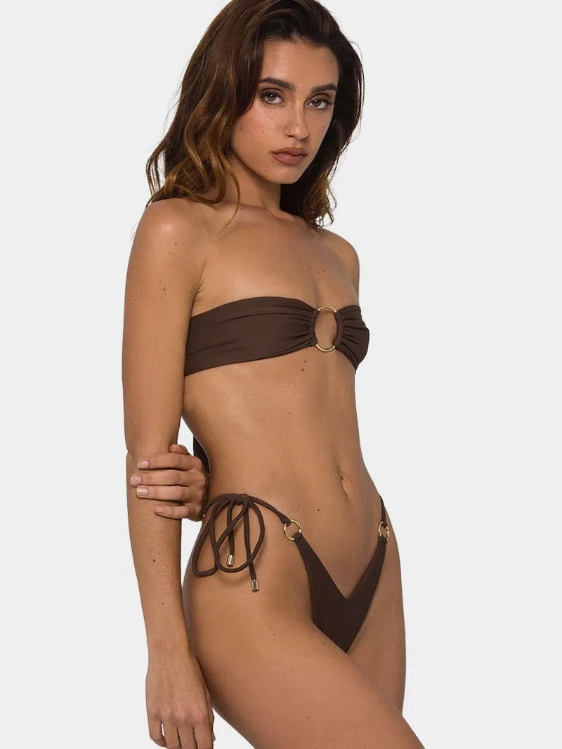 Brown women's tube top bikini swimsuit with push-up design and ring tether detail.