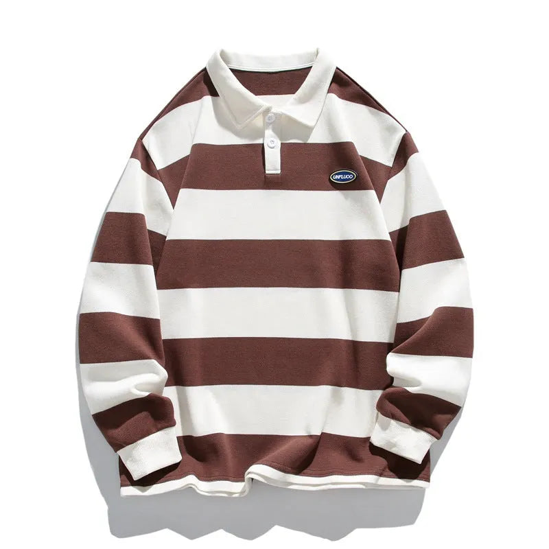 Long sleeve polo shirt in pearl cotton fabric with lapel collar and loose fit design