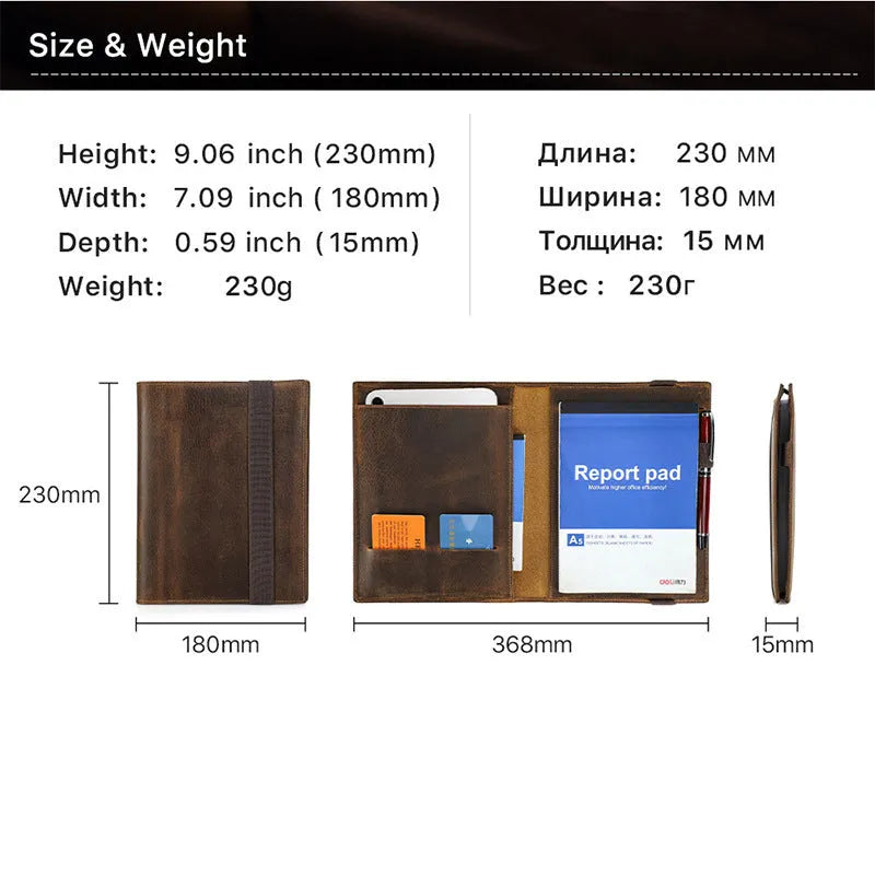 Brown Crazy Horse leather protective sleeve for an A5 paper notebook.