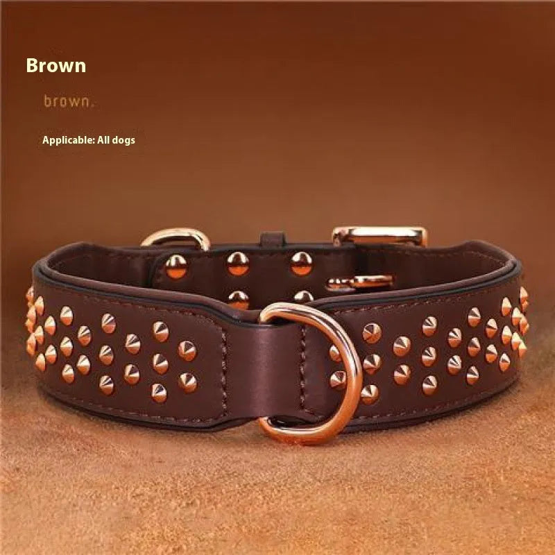 Chocolate coloured leather dog collar with metal rivets for anti-bite protection on a dog's neck.