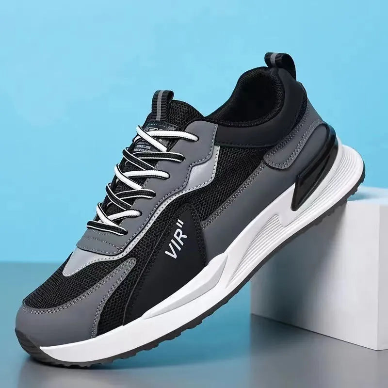 Men's colour block mesh lace-up sneakers in grey on a white background