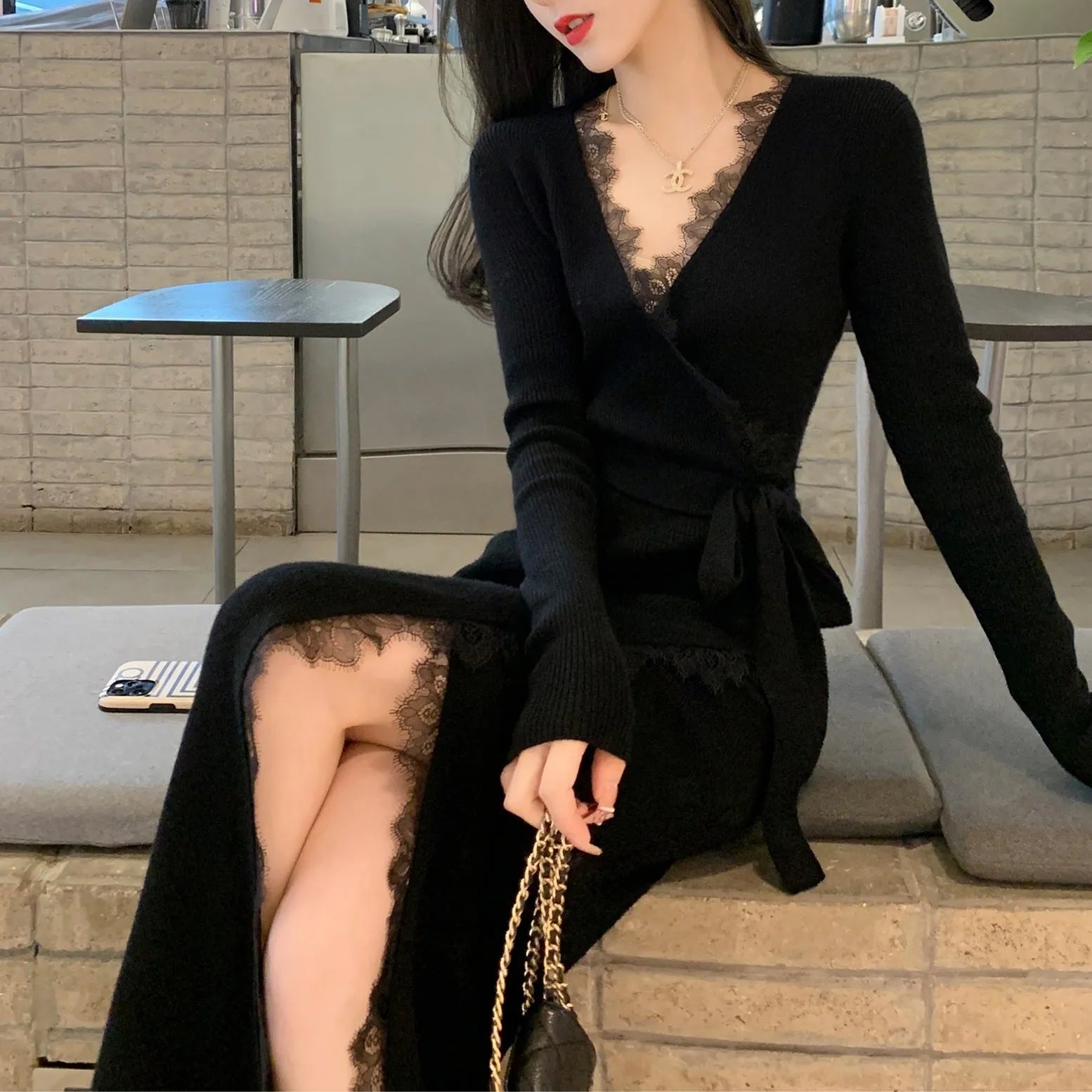Black women's woolen skirt with princess dress silhouette and slim fit design