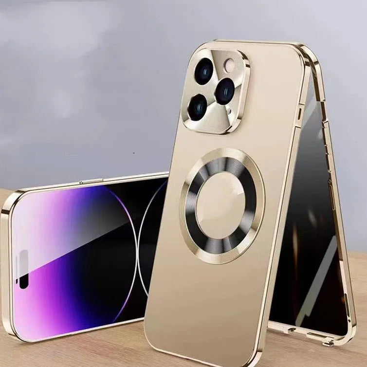 Magnetic anti-peep phone case for iPhone in black, blue, gold, purple, and silver colours.