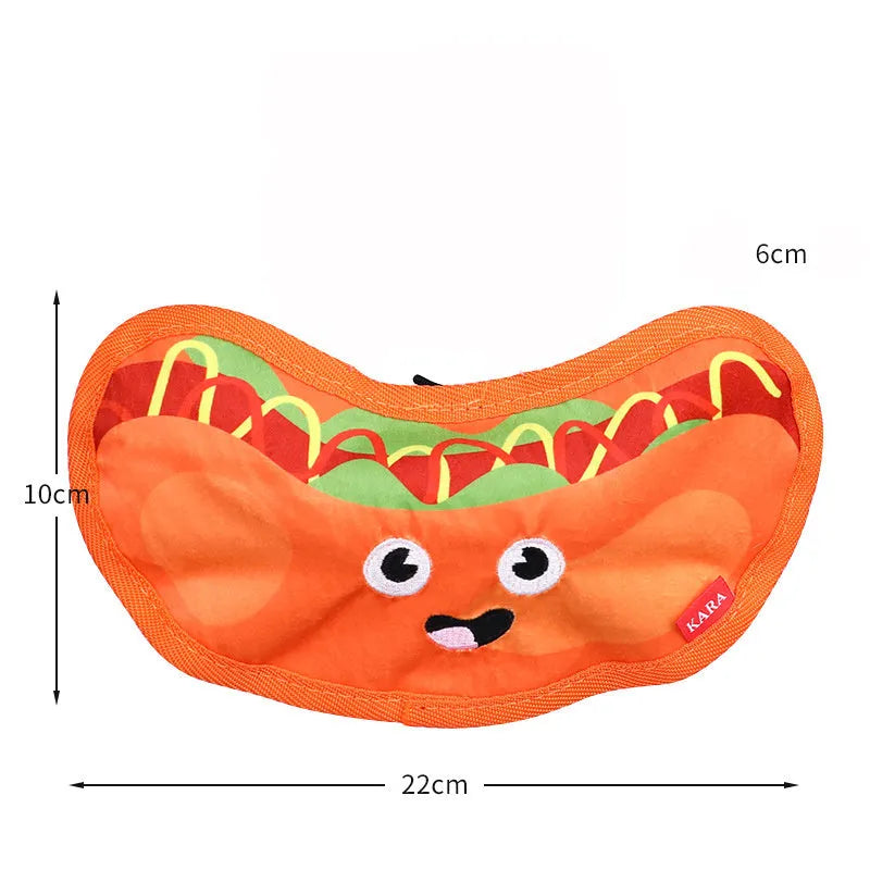 Crinkle and squeaky dog toy in hamburger, fries, hot dog, and pizza shapes.