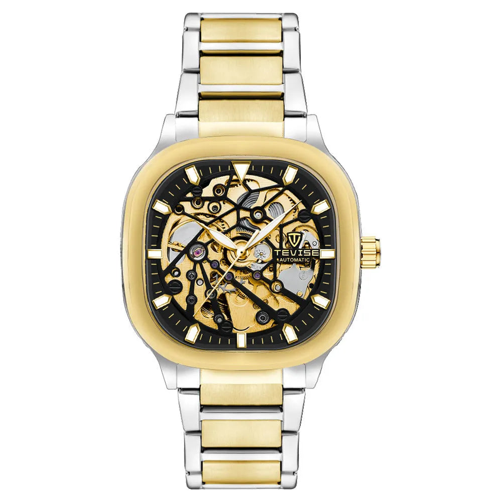 Men's square automatic watch with luminous hollow dial on a stainless steel strap, shown in blue colour.