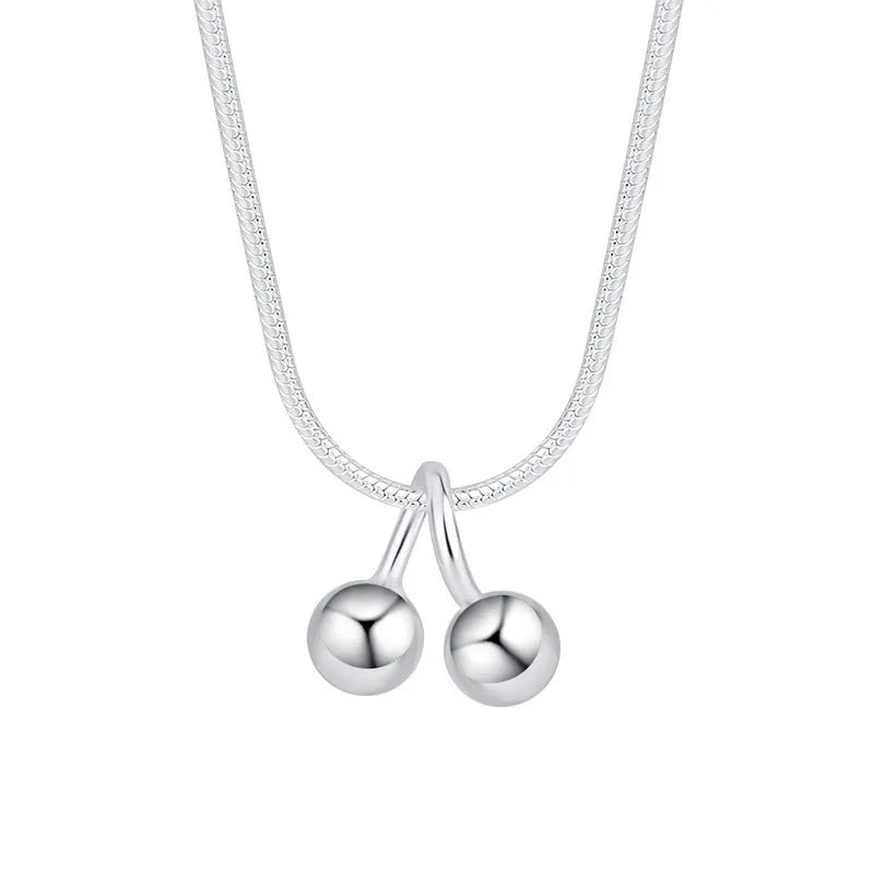 Silver cherry necklace with adjustable snake bones chain and fruit pendant