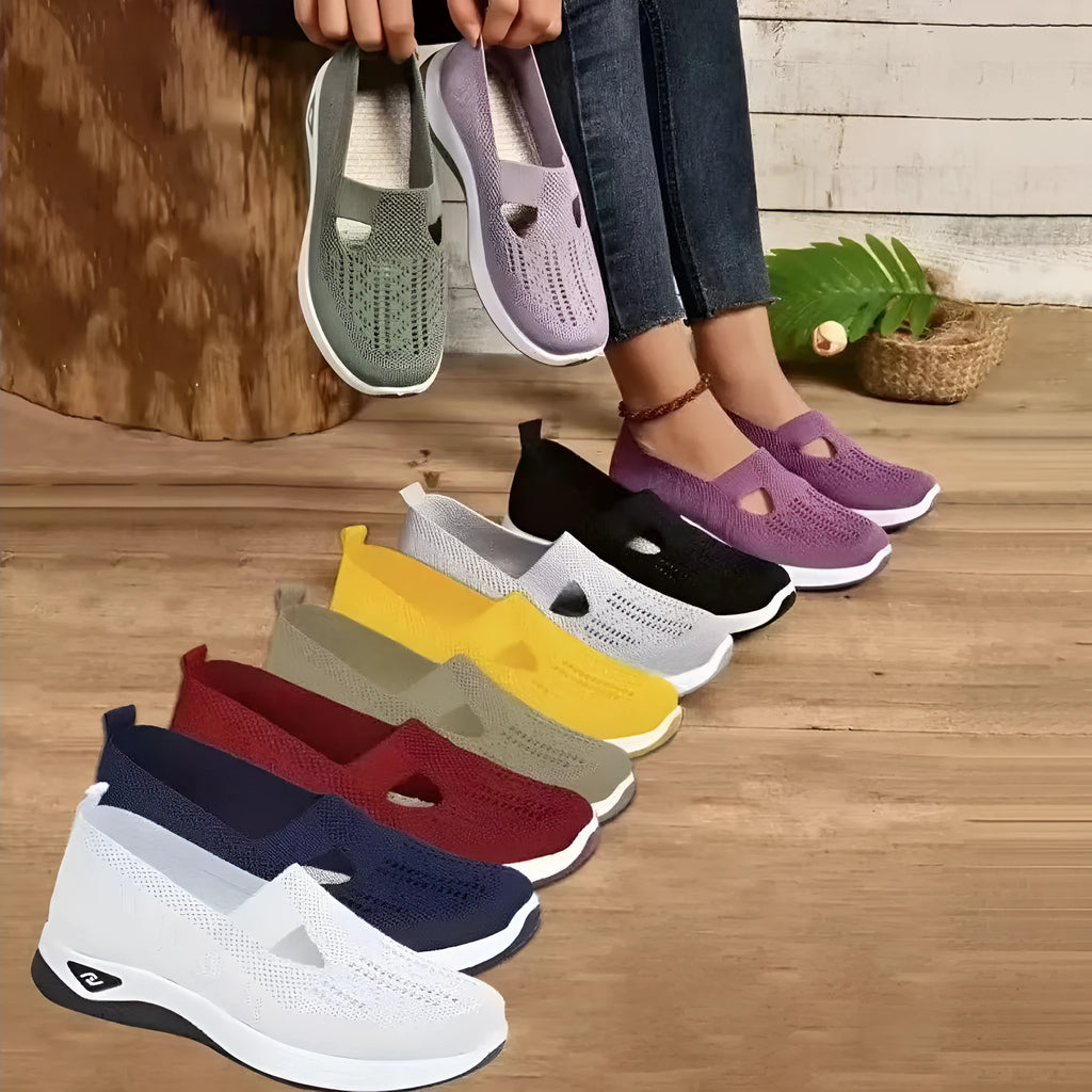 Casual mesh T-strap flat shoes with soft PVC sole in multiple colours on a white background.