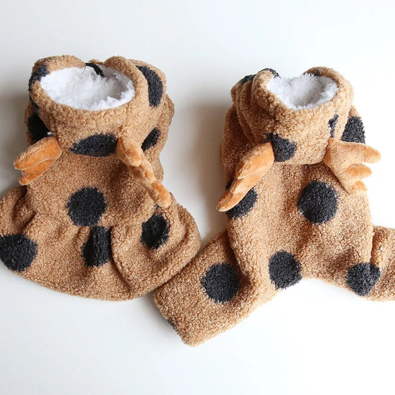 Polka dot elk couple pattern pet costume shown in skirt and four-leg styles for cats and dogs
