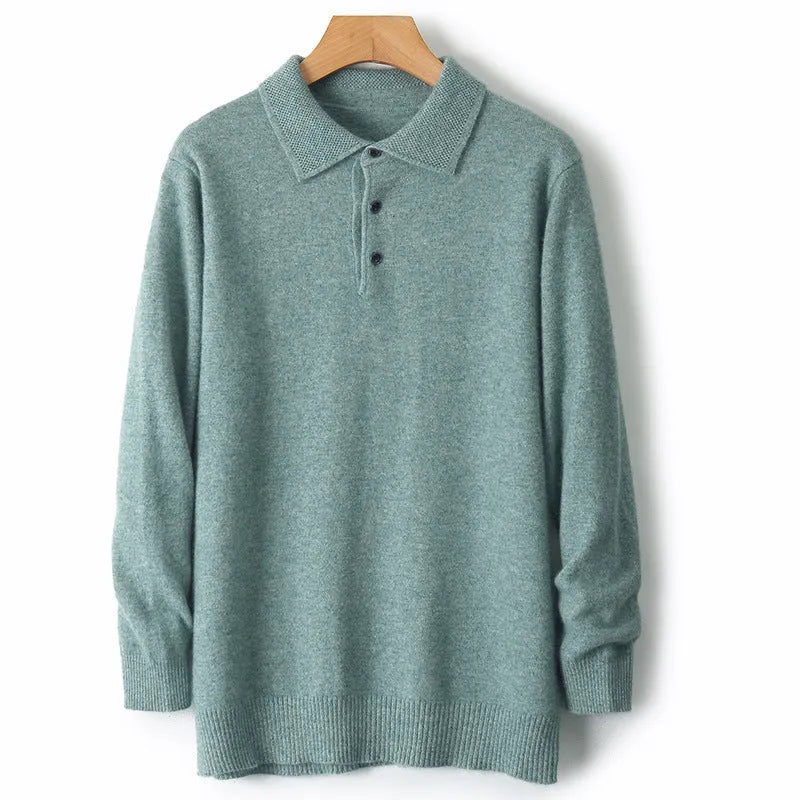 Men's grey wool pullover sweater with a polo collar and long sleeves, showing textured collage stitching.