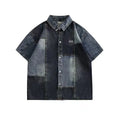 Blue men's denim shirt with washed stitching details and loose cardigan fit
