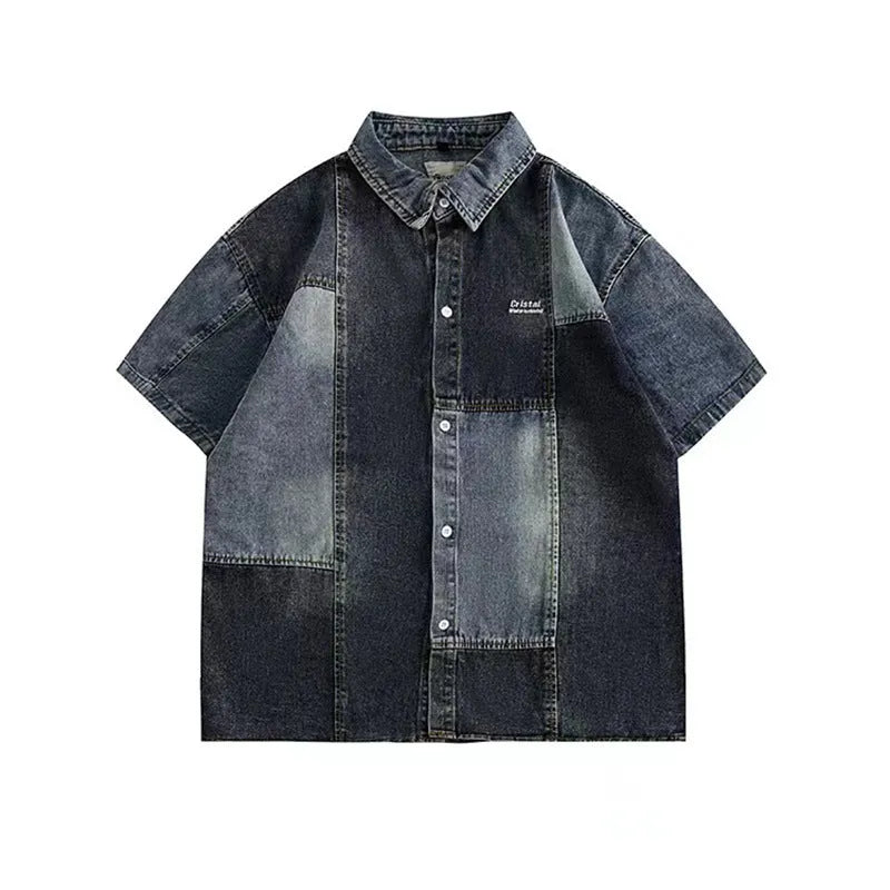 Blue men's denim shirt with washed stitching details and loose cardigan fit