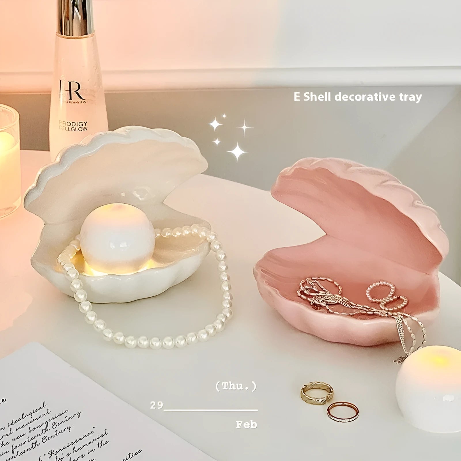 Yellow white porcelain storage tray with optional night light, available in pink or white shell options