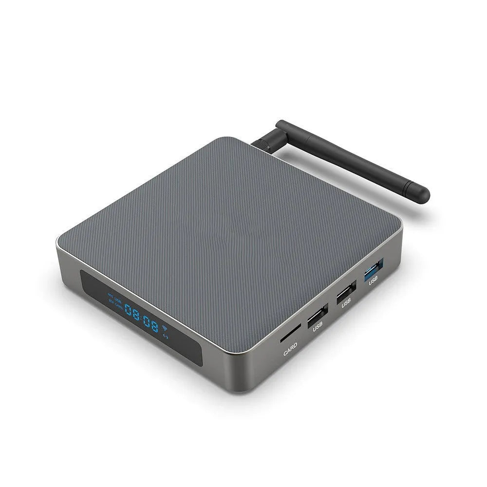 Black square Android 8K set-top box with RK3566 processor and remote control