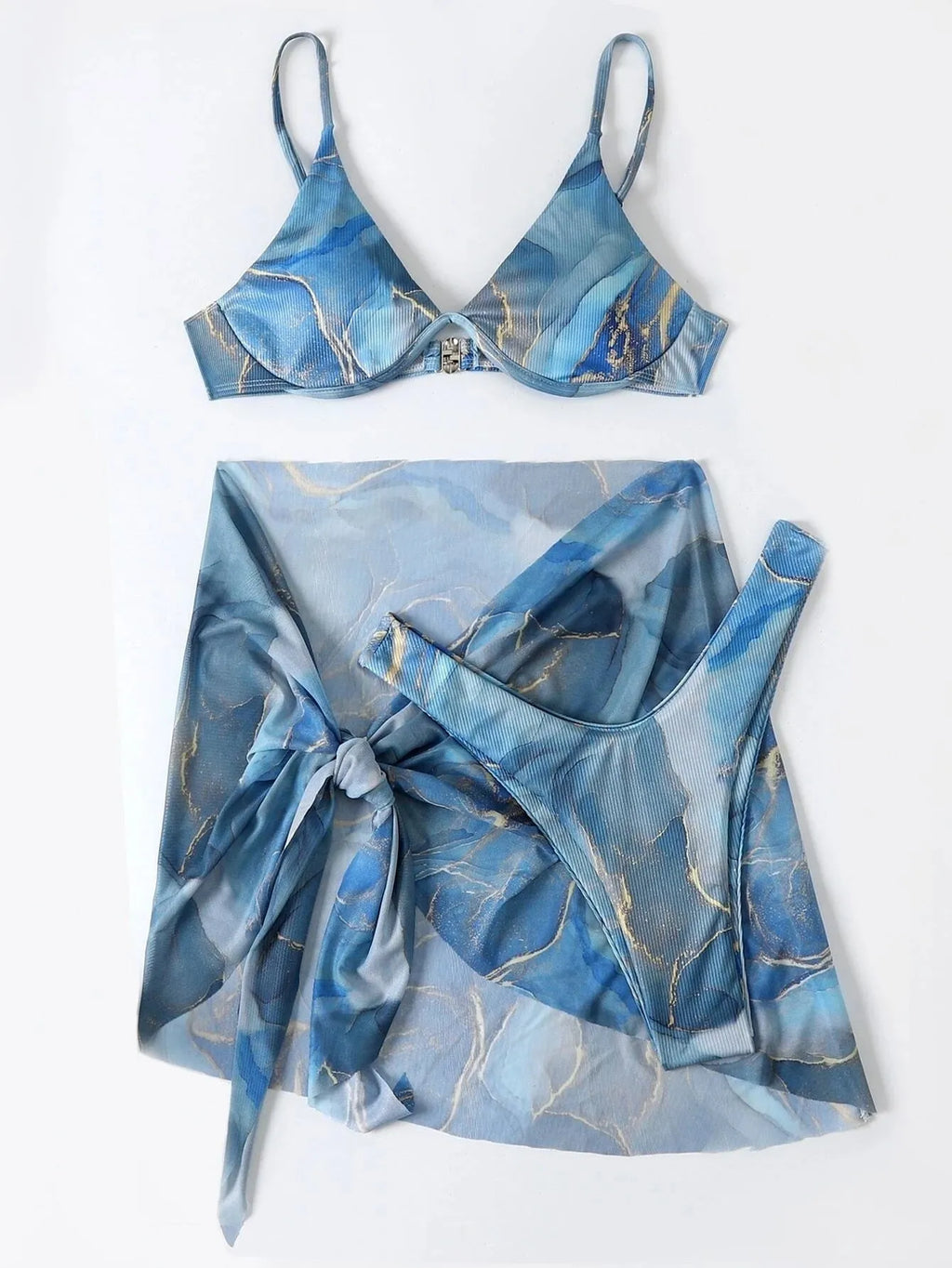 Marble printed women's 3-piece bikini swimwear set in various colours